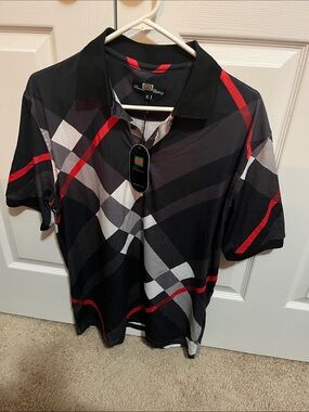 GG Collection Black Polo with Grey Plaid and Red Stripes
